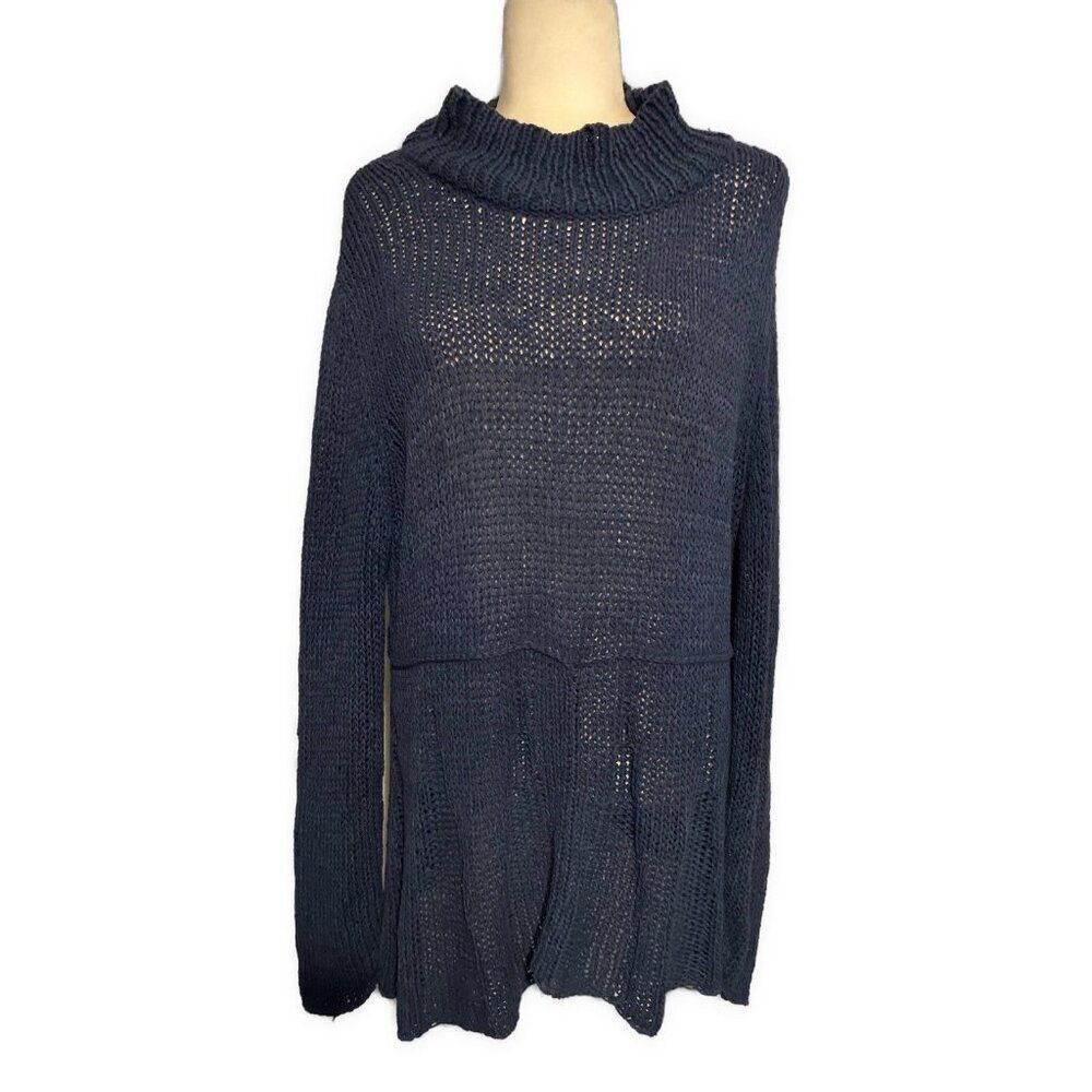 Pure Handknit Womens Solid Navy Blue Cable Knit Long Sleeve Sweater Medium Large